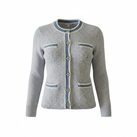 J. Crew Sweaters - J‎ Crew Reimagined Tweed Knit Cardigan Blue Cream Button Front Pockets Size S